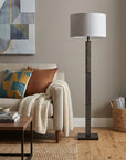 62" Black Wood And Metal Floor Lamp With Light Gray Fabric Drum Shade