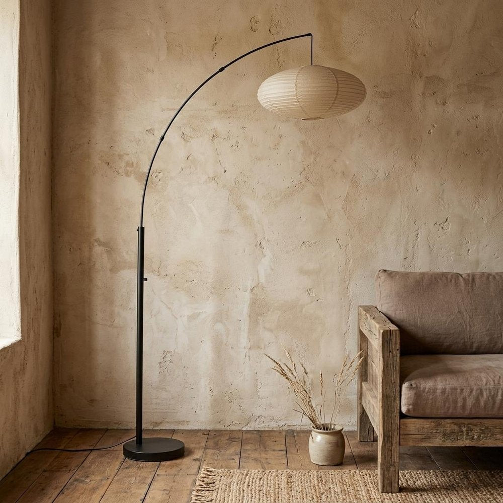 80" Beige And Black Arc Floor Lamp With Beige Paper Globe Shade