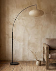 80" Beige And Black Arc Floor Lamp With Beige Paper Globe Shade