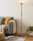 71" Silver LED Torchiere Floor Lamp With White Glass Cone Shade