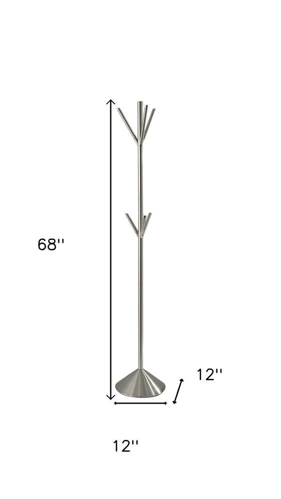 68" Silver Steel Six Hook Freestanding Coat Rack