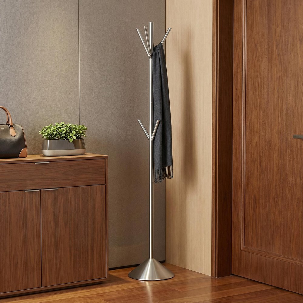 68" Silver Steel Six Hook Freestanding Coat Rack