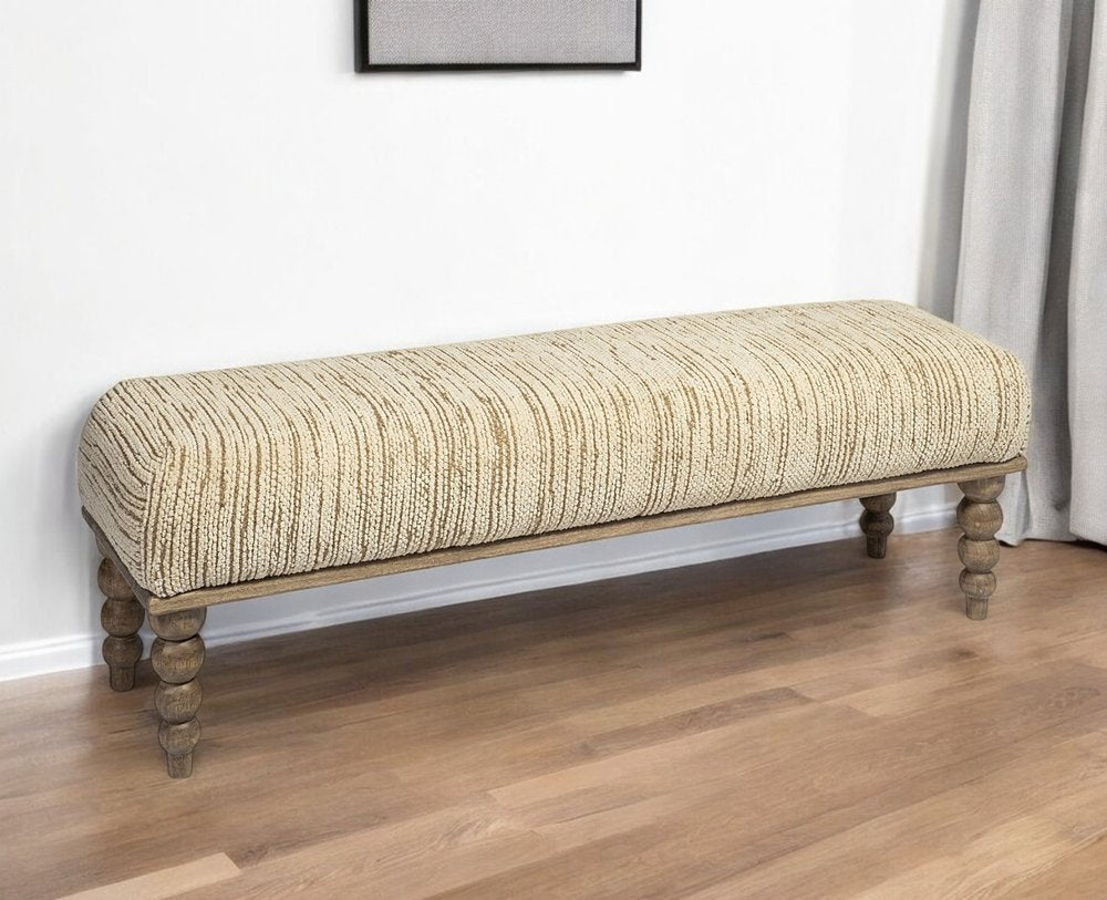 55" Cream and Wood Brown Upholstered Fabric Bench - Manor Editions
