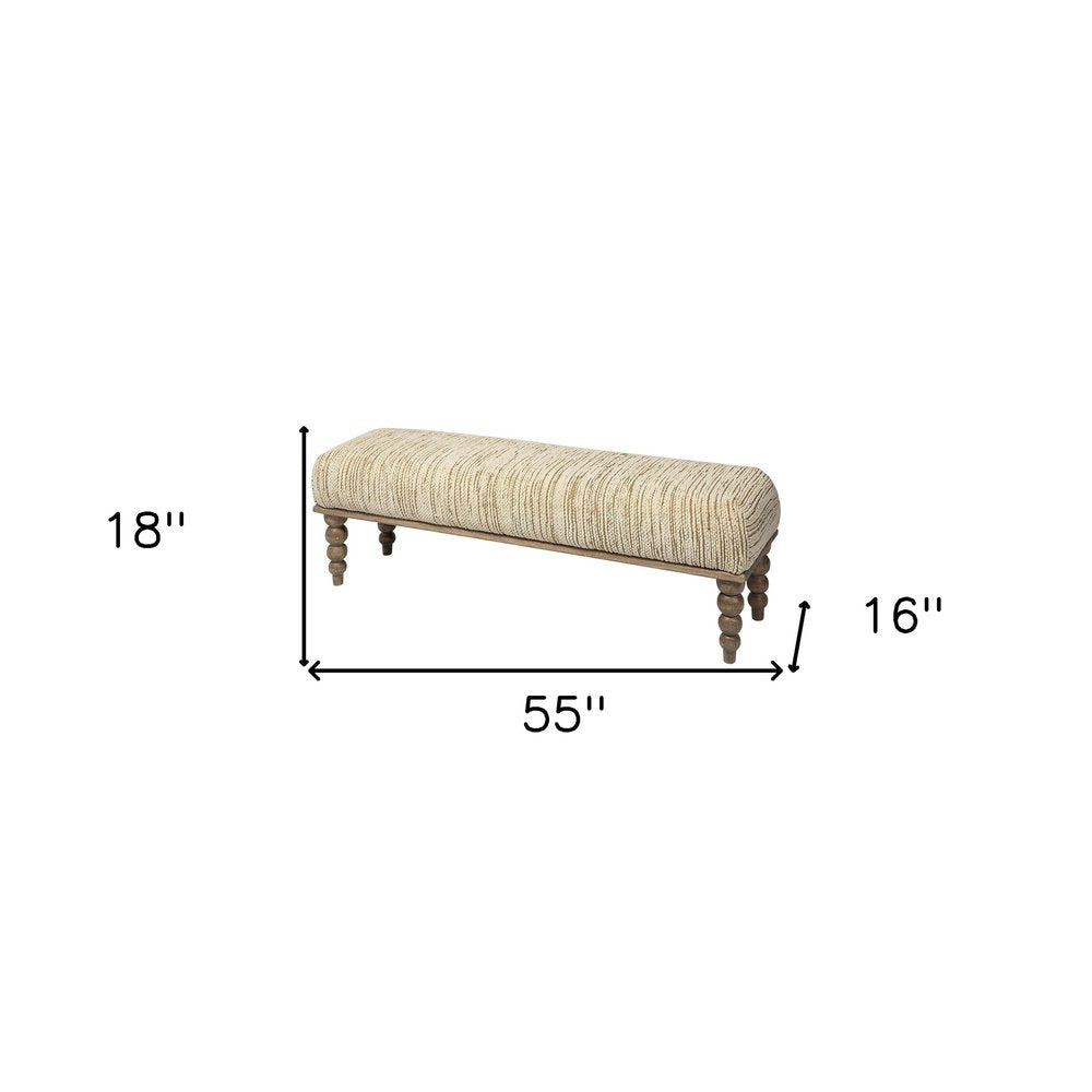 55" Cream and Wood Brown Upholstered Fabric Bench - Manor Editions