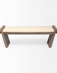 14" Cream and Brown Upholstered Linen Blend Bench