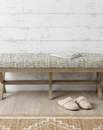 16" Beige and Brown Upholstered Faux Leather Bench