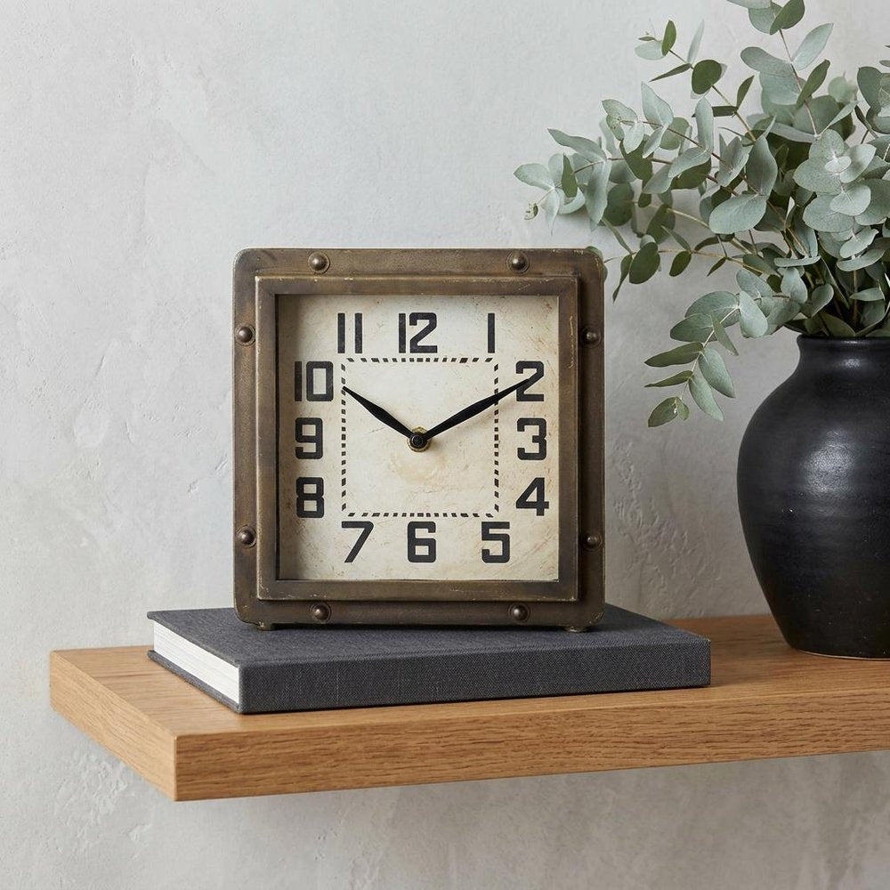 Square  Bronze Toned Metal Desk Table Clock With Traditional Black Numbers And Hands