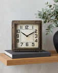 Square  Bronze Toned Metal Desk Table Clock With Traditional Black Numbers And Hands