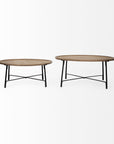 Set of Two Brown and Black Solid Wood and Iron Round Nested Coffee Tables