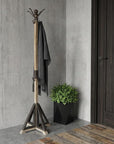 75" Black And Brown Solid Wood And Steel Twelve Hook Freestanding Coat Rack