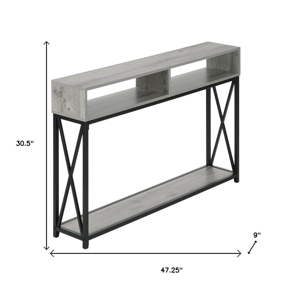 47" Gray and Black Wood and Metal Frame Console Table With Three Shelves