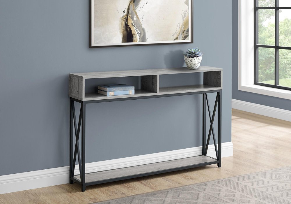 47" Gray and Black Wood and Metal Frame Console Table With Three Shelves