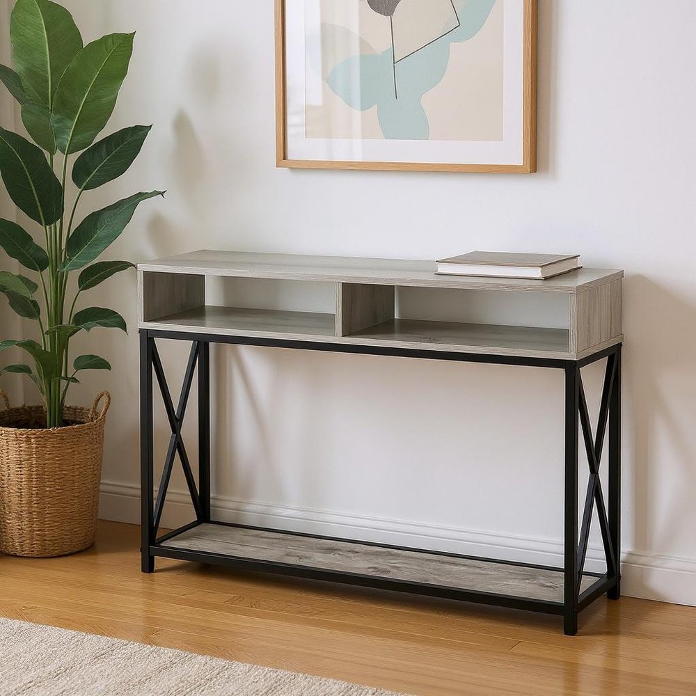 47" Gray and Black Wood and Metal Frame Console Table With Three Shelves