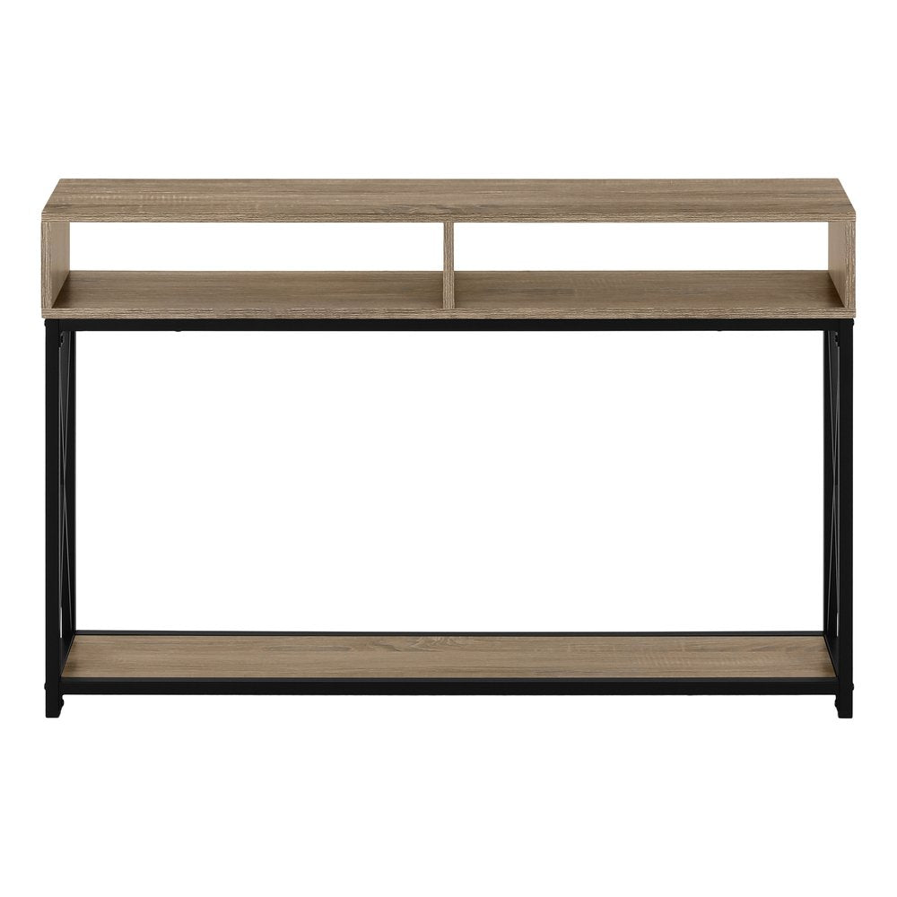 47" Taupe and Black Wood and Metal Frame Console Table With Three Shelves