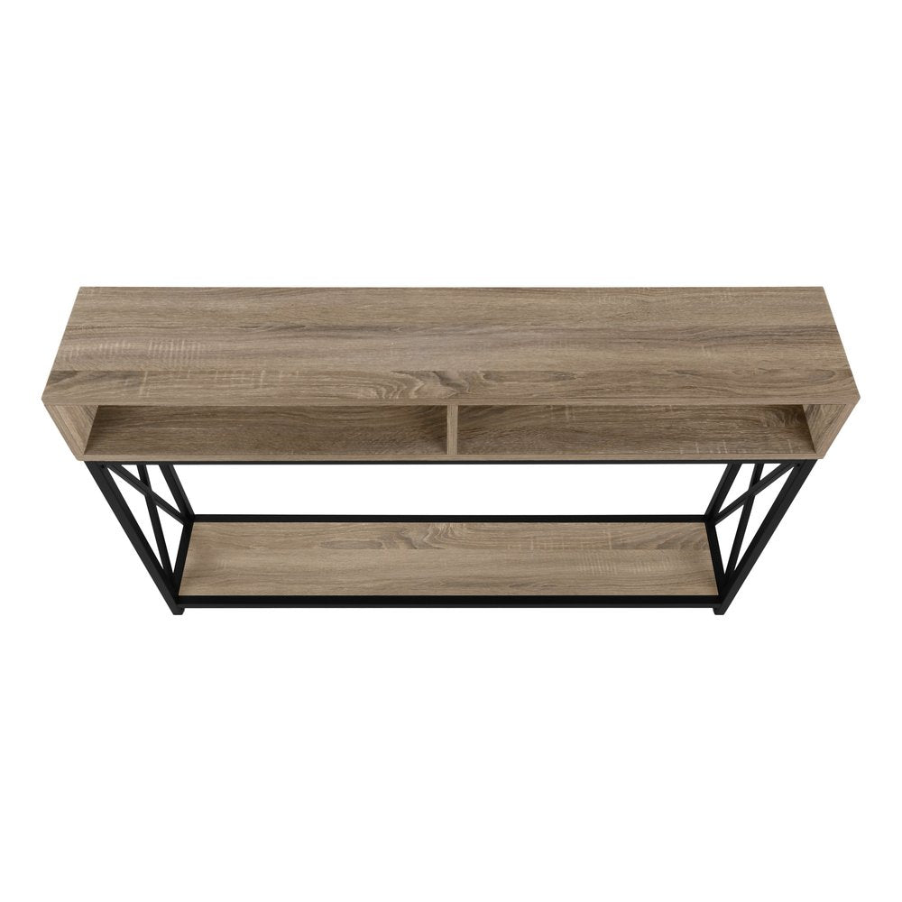 47" Taupe and Black Wood and Metal Frame Console Table With Three Shelves