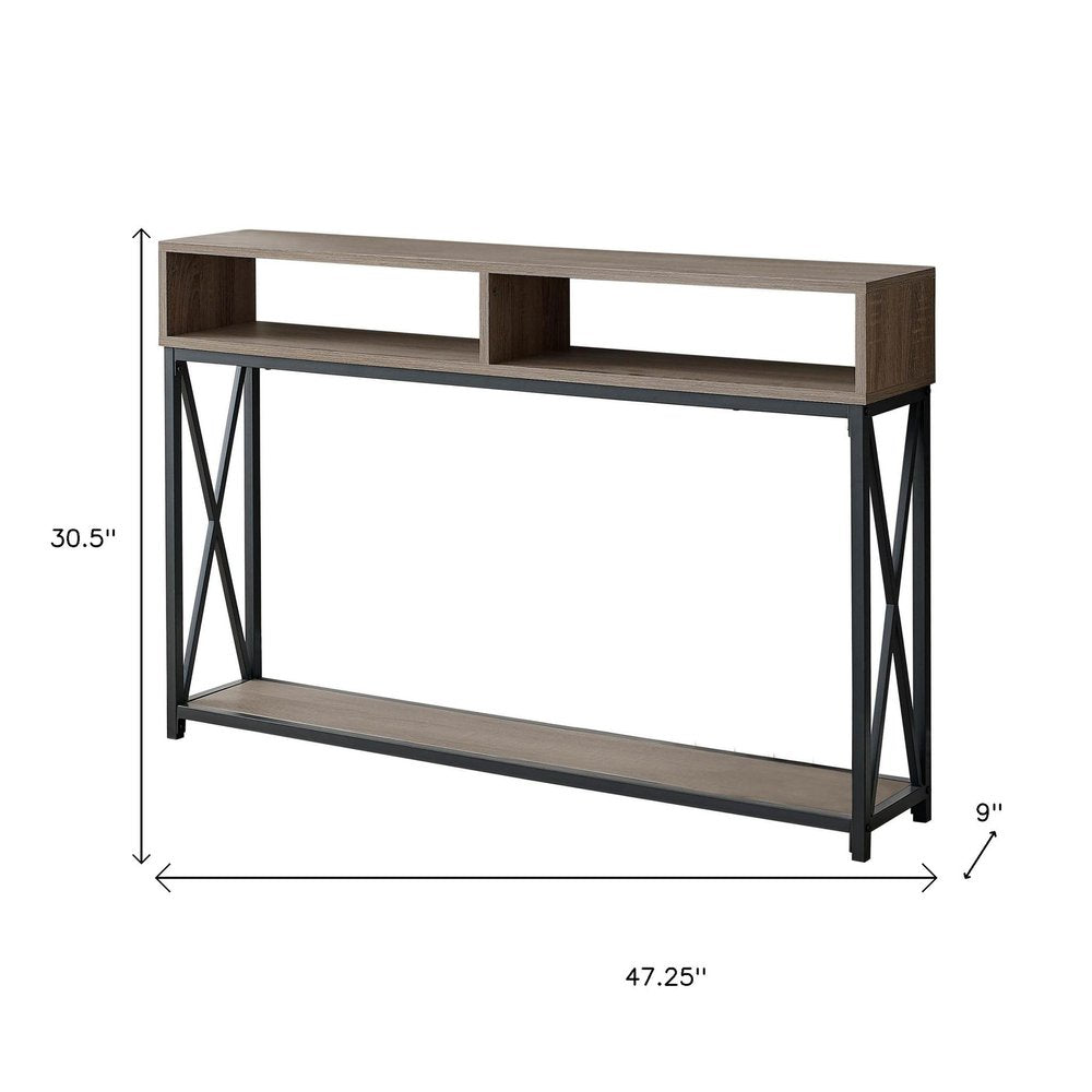 47" Taupe and Black Wood and Metal Frame Console Table With Three Shelves