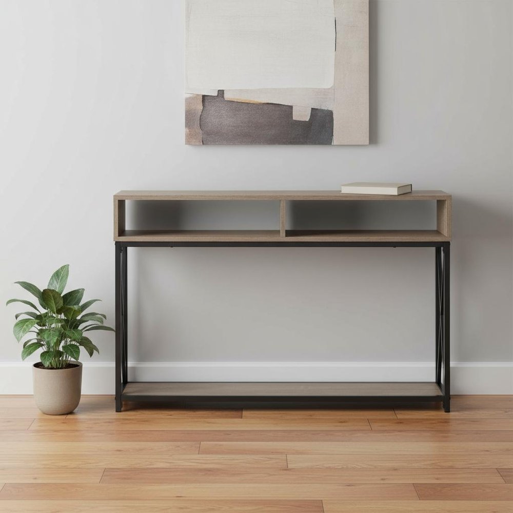 47" Taupe and Black Wood and Metal Frame Console Table With Three Shelves
