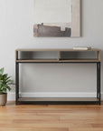 47" Taupe and Black Wood and Metal Frame Console Table With Three Shelves