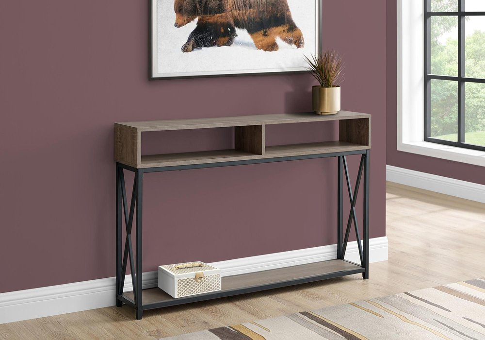 47" Taupe and Black Wood and Metal Frame Console Table With Three Shelves