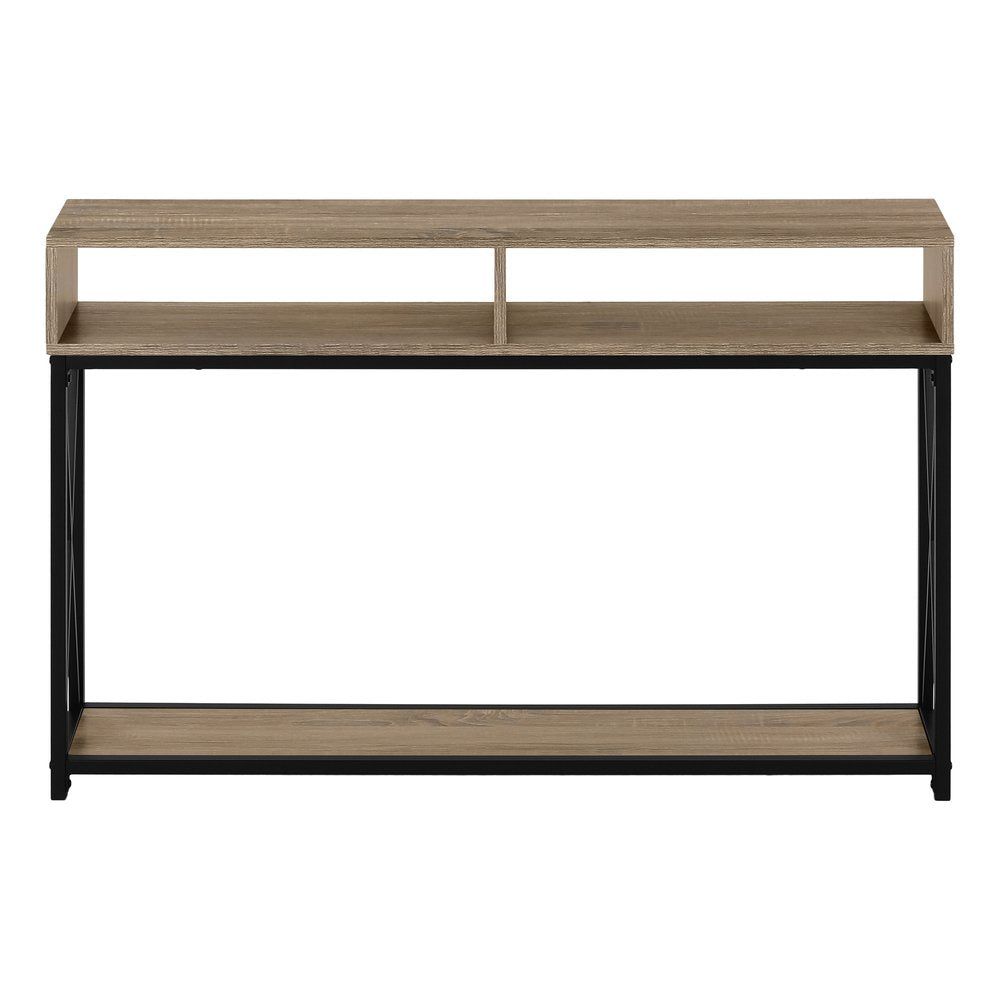 47" Taupe and Black Wood and Metal Frame Console Table With Three Shelves