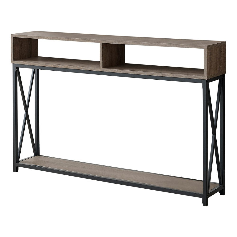 47" Taupe and Black Wood and Metal Frame Console Table With Three Shelves