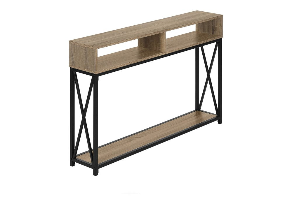 47" Taupe and Black Wood and Metal Frame Console Table With Three Shelves