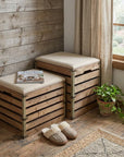 Set of Two Brown Wood Slat and Upholstery Storage Benches With Flip Top