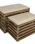 Set of Two Brown Wood Slat and Upholstery Storage Benches With Flip Top