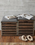 Set Of 2 Square Gray Linen Fabric And Wood Slats Storage Benches
