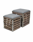 Set Of 2 Square Gray Linen Fabric And Wood Slats Storage Benches