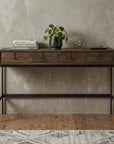 56" Brown and Black Solid Wood and Metal Distressed Console Table With Four Drawers