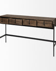 56" Brown and Black Solid Wood and Metal Distressed Console Table With Four Drawers