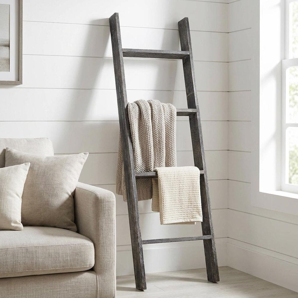 48" Black And Brown Distressed Solid Wood Four Step Ladder Shelf