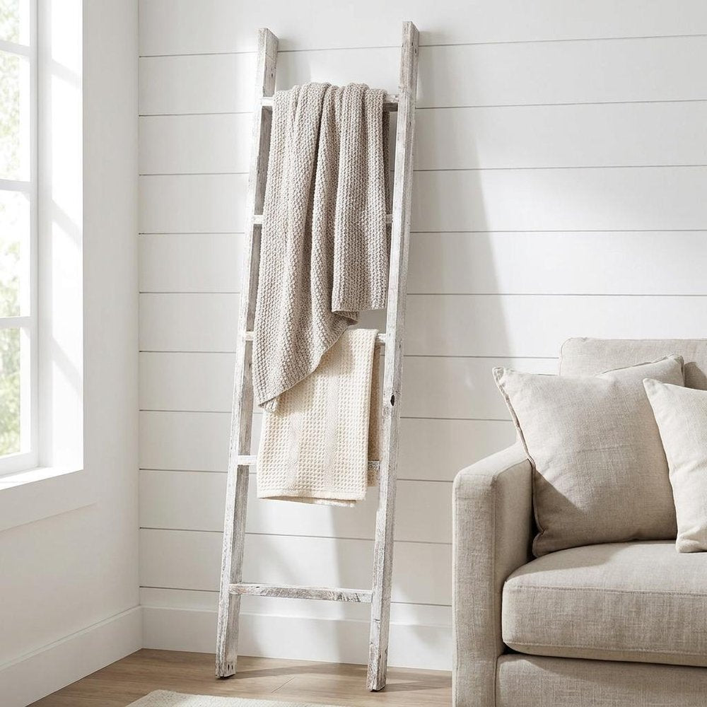 60" Espresso Distressed Solid Wood Five Step Ladder Shelf