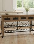 Brown Solid Wood Top Kitchen Island With Two Tier Black Metal Rolling