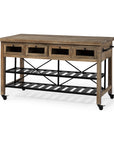 Brown Solid Wood Top Kitchen Island With Two Tier Black Metal Rolling