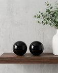 Set of Two Silver Buffed Aluminum Decorative Orb Tabletop Sculpture