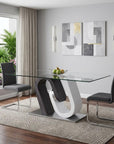 71" Clear And White and Gray Glass And Stainless Steel Pedestal Base Dining Table
