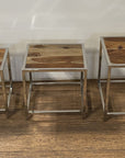 Set of Three 21" Silver And Brown Solid Wood Nested Tables