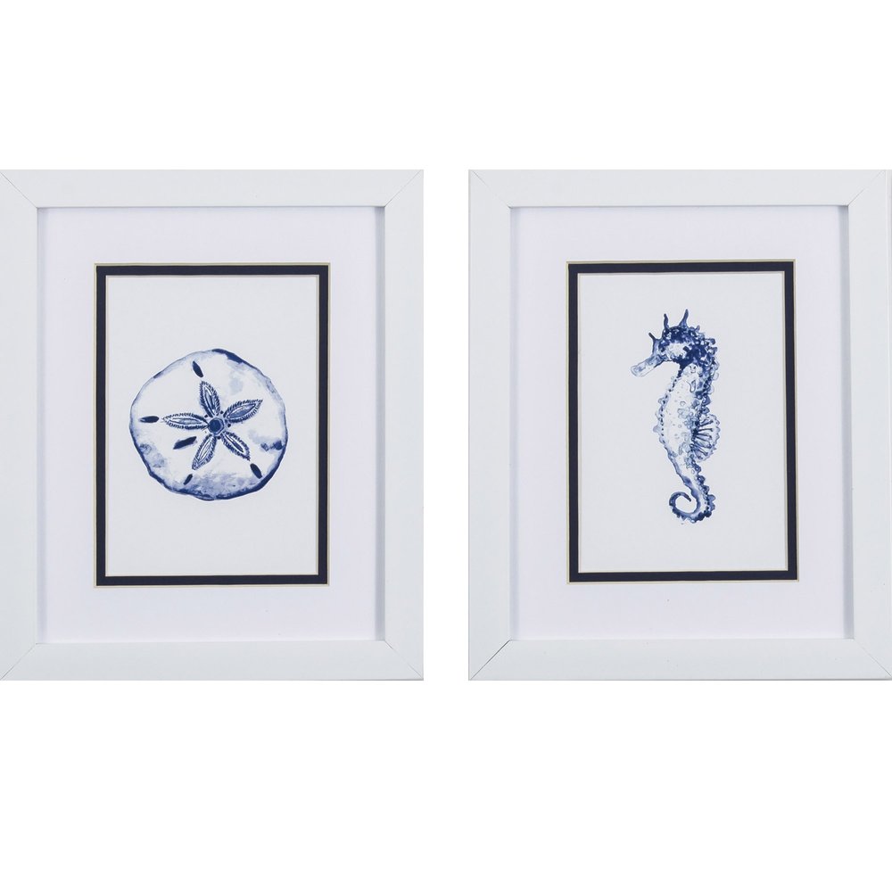 Set Of Two 11" x 9" Blue And White Beach Icons Wall Art