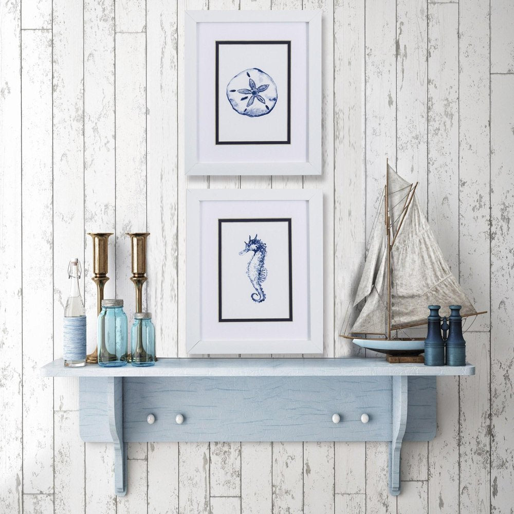 Set Of Two 11" x 9" Blue And White Beach Icons Wall Art