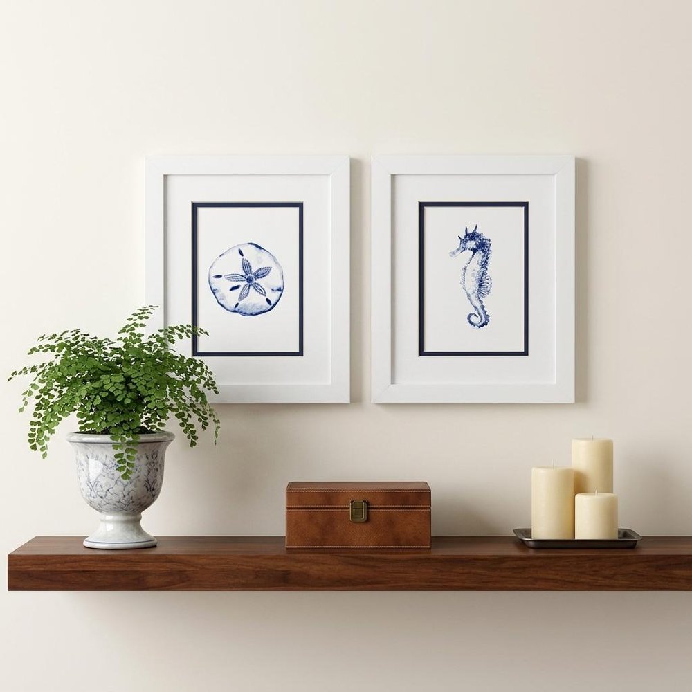 Set Of Two 11" x 9" Blue And White Beach Icons Wall Art