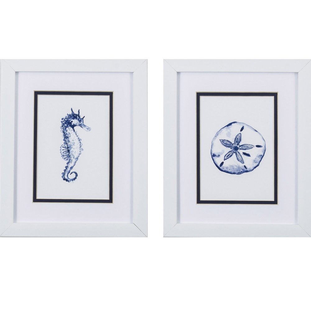 Set Of Two 11" x 9" Blue And White Beach Icons Wall Art