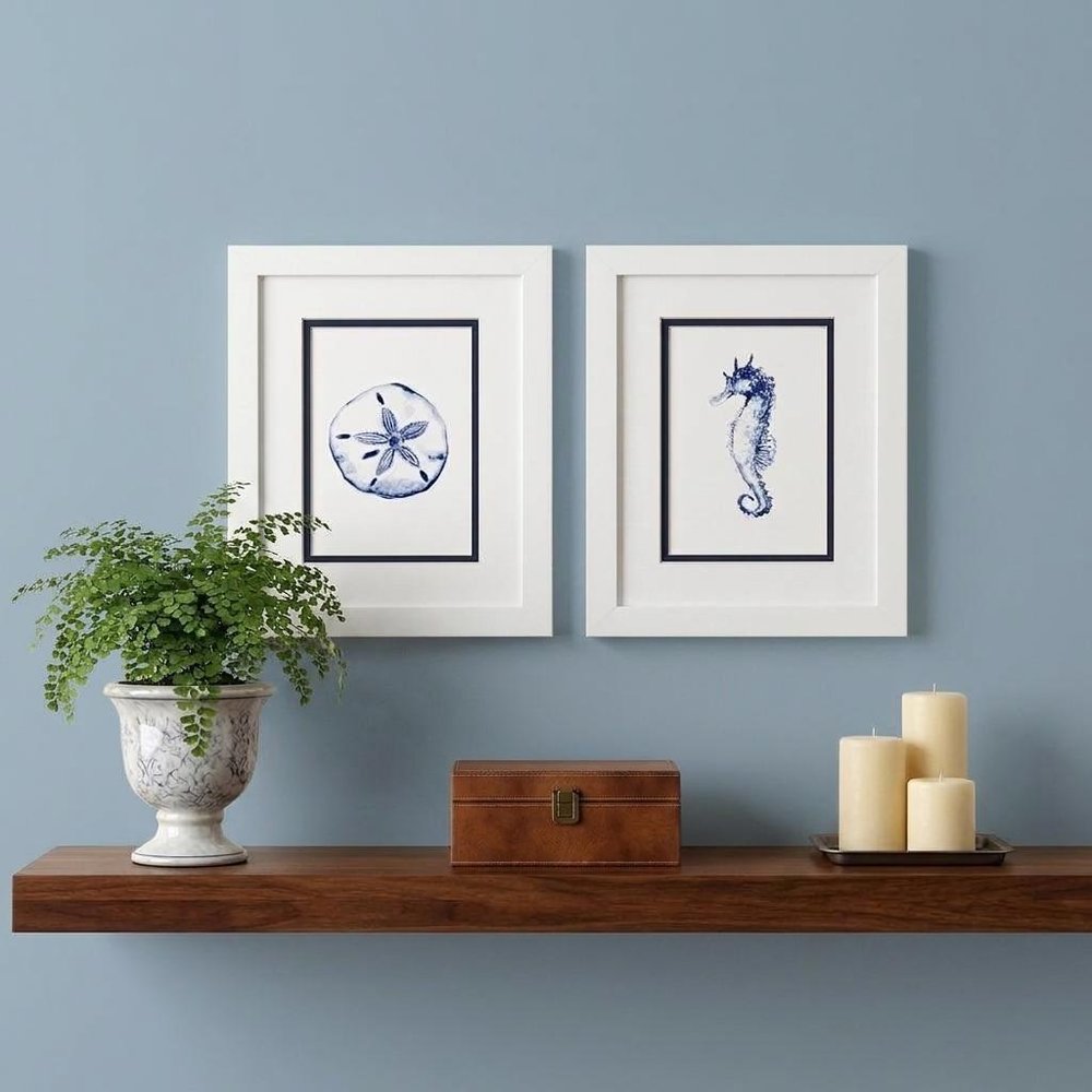 Set Of Two 11" x 9" Blue And White Beach Icons Wall Art