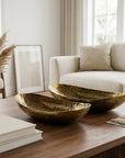 Set of Two Gold Hammered Metal Boat Shaped Decorative Bowls