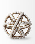 9" White And Gold Wooden Bead And Metal Orb Sculpture