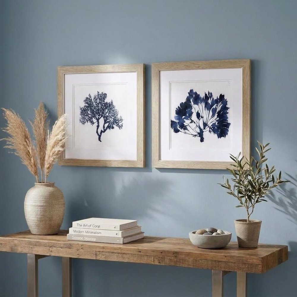 Set of Two 19" x 19" Deep Blue Sea Coral Watercolor Wall Art