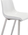 Set of Two 30" White And Silver Faux Leather And Steel Low Back Bar Height Bar Chairs