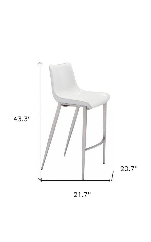 Set of Two 30" White And Silver Faux Leather And Steel Low Back Bar Height Bar Chairs