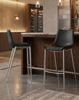 Set of Two 30" Black And Silver Faux Leather And Steel Low Back Bar Height Bar Chairs